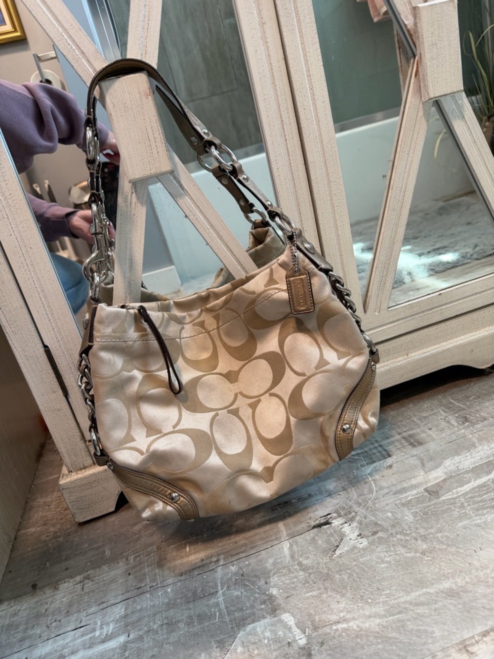 Coach Carly vintage Signature hobo Canvas Shoulder Bag in Khaki/Chalk